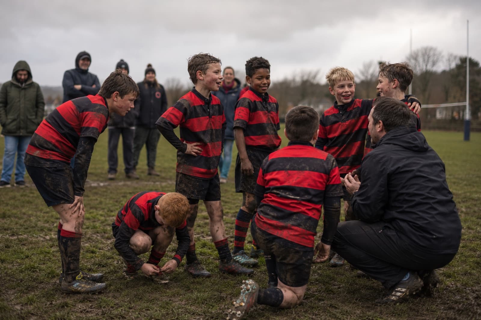 A grassroots boys' rugby team lining up before kick-off on a muddy pitch