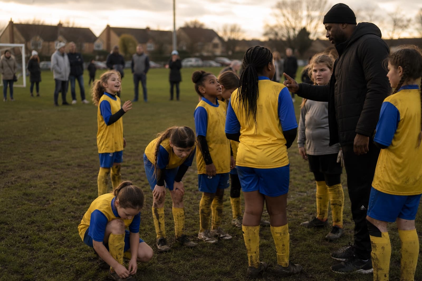 A grassroots girls' football team celebrating together